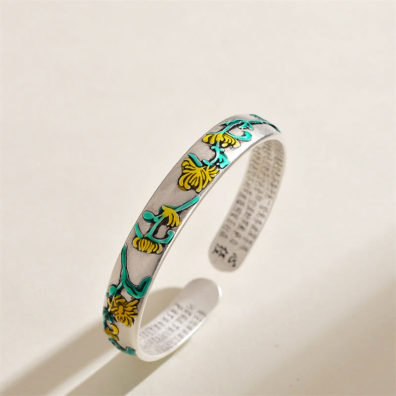 Nimara Ritual Plum Blossom Chrysanthemum Flower Design Heart Sutra Healing Bracelet Cuff Bangle