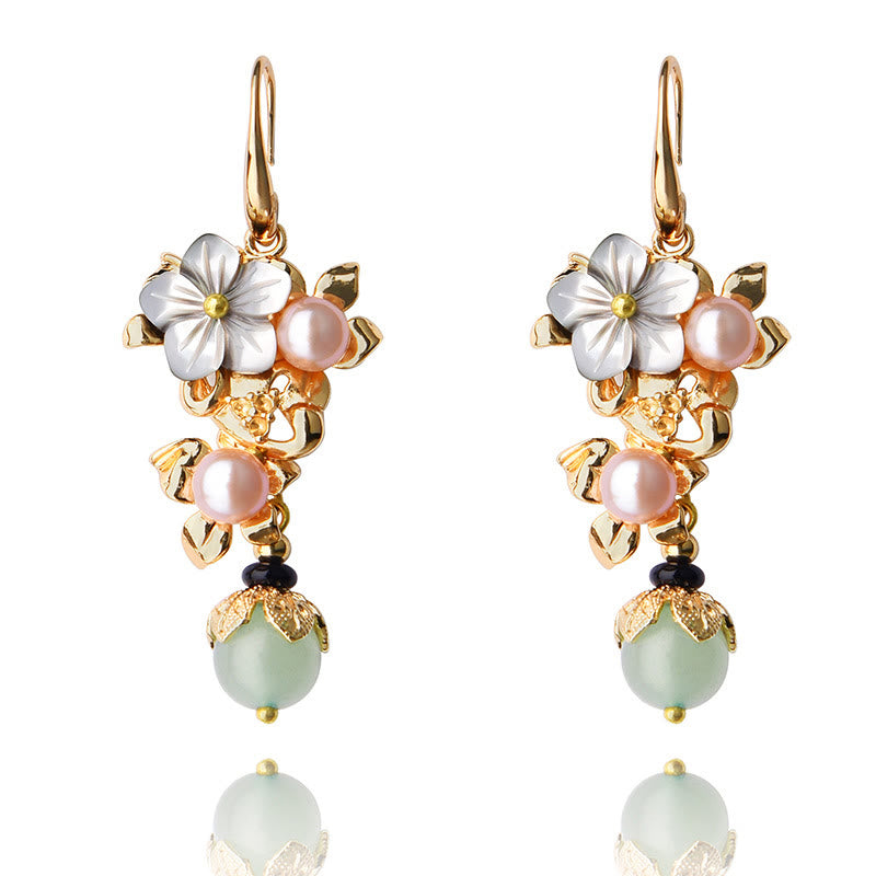 Nimara Ritual 14K Gold Plated Tridacna Stone Flower Pearl Green Aventurine Bead Drop Earrings