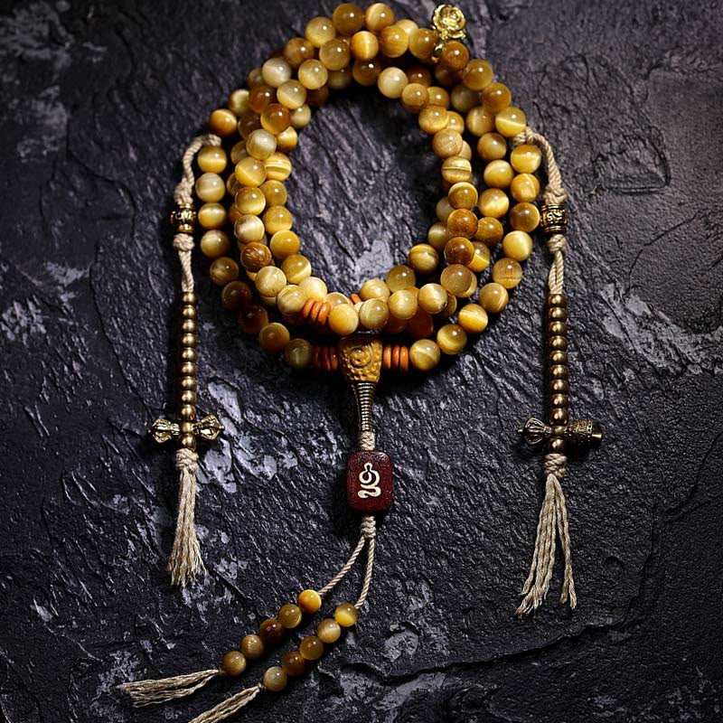 Nimara Ritual 108 Mala Beads Natural Tiger Eye Copper Dorje Protection Tassel Bracelet