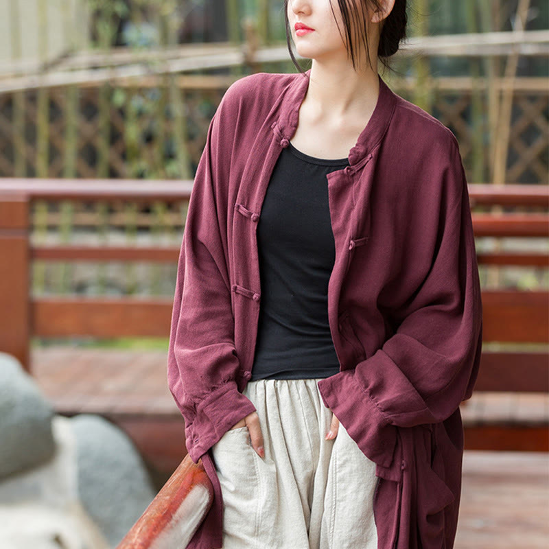 Nimara Ritual Frog-Button Long Sleeve Zen Meditation Open Front Jacket With Pockets