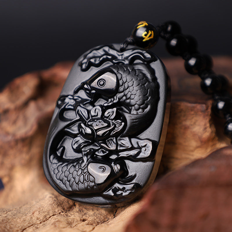 Nimara Ritual Natural Black Obsidian Koi Fish Lotus Strength Beaded Necklace Pendant