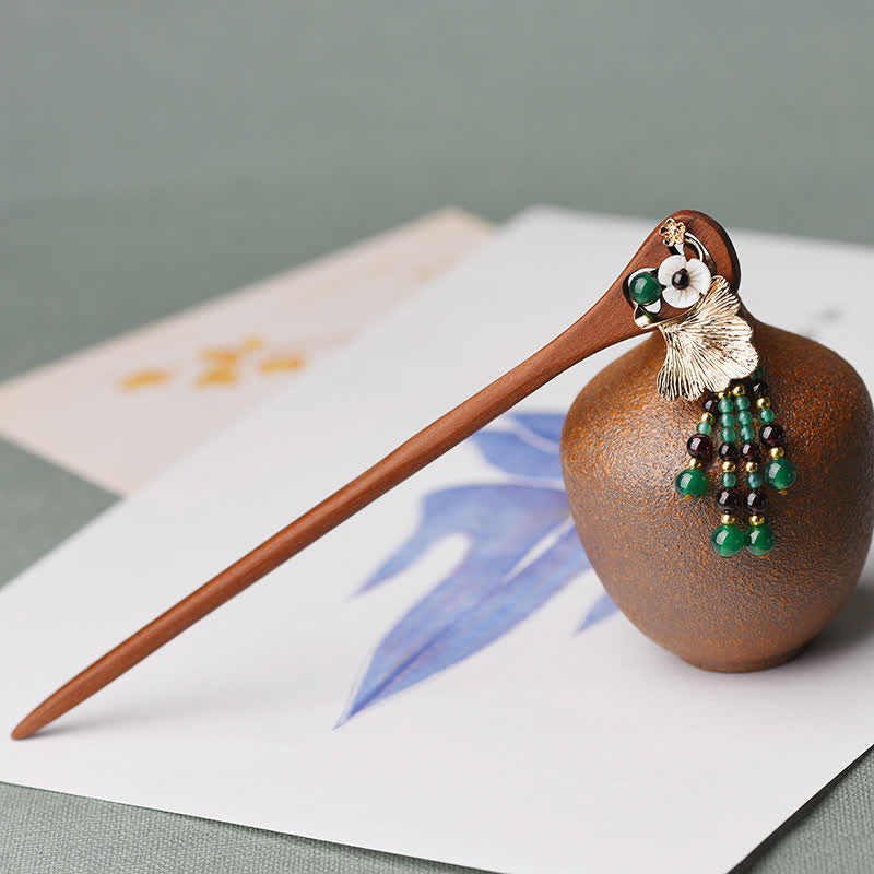 Nimara Ritual Red Sandalwood Green Agate Ginkgo Leaf Protection Hairpin