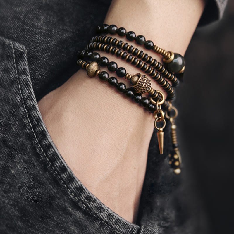 Nimara Ritual Rainbow Obsidian Ebony Wood Copper Positive Multilayer Bracelet
