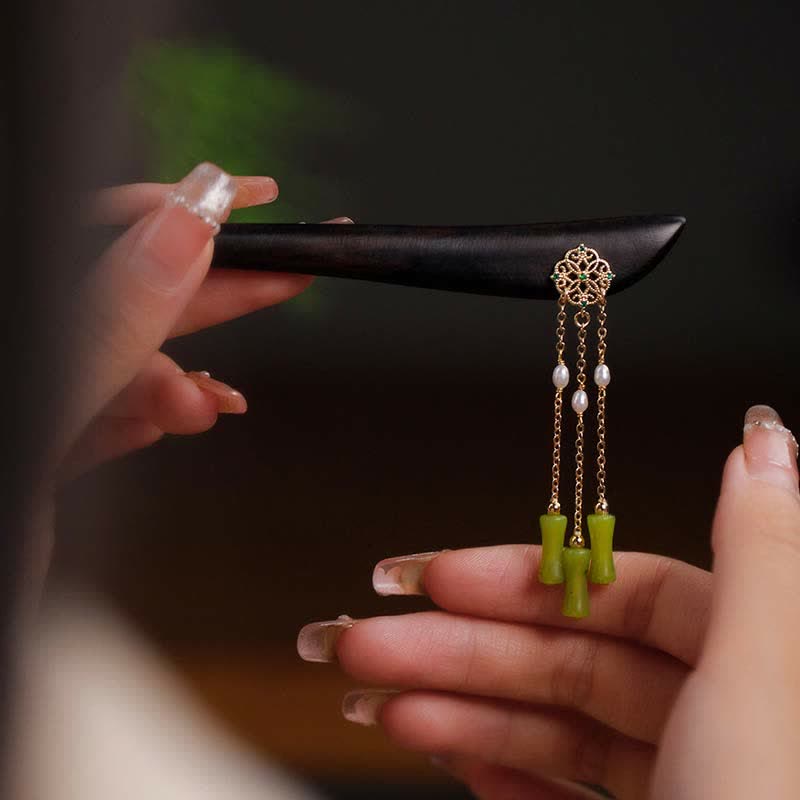 Nimara Ritual Natural Peridot Ebony Wood Love Tassels Hairpin