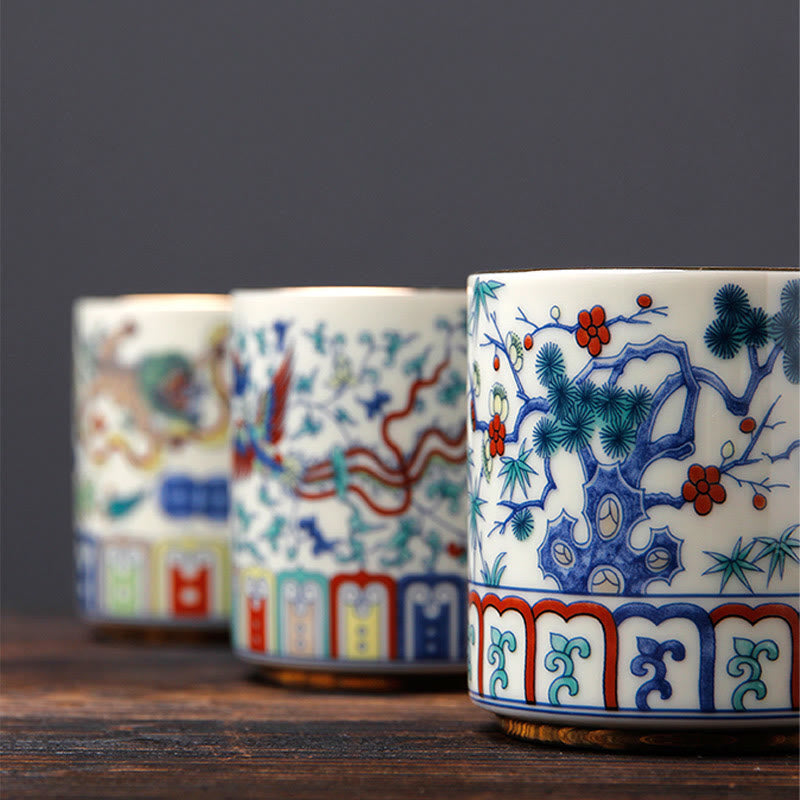 Nimara Ritual Vintage Plum Blossom Pine Bamboo Phoenix Kirin Lion Dancing Ceramic Teacup Tea Cups