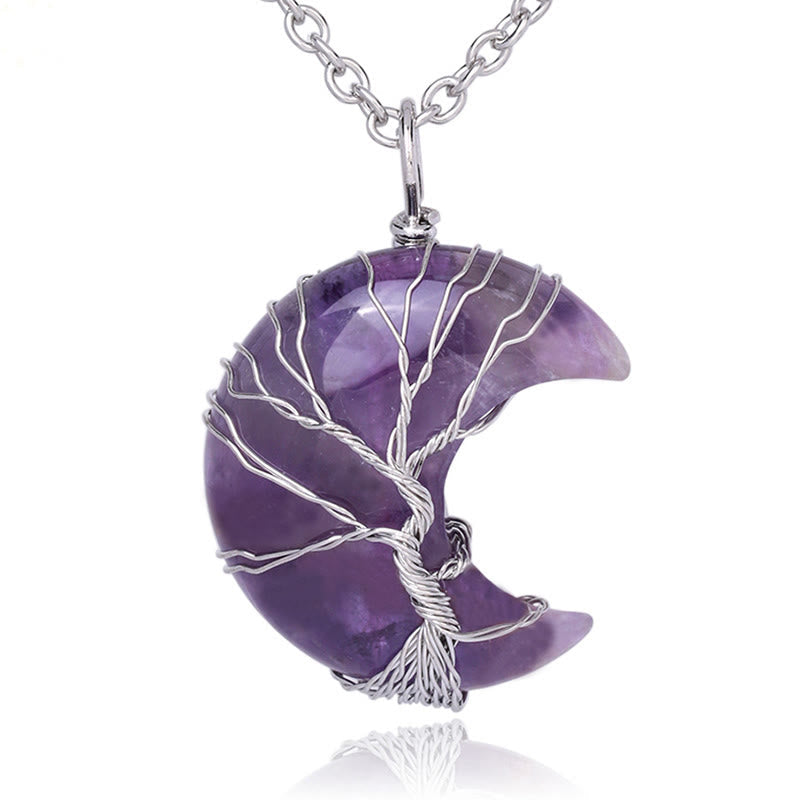 Nimara Ritual Natural Quartz Crystal Moon Tree Of Life Healing Energy Necklace Pendant