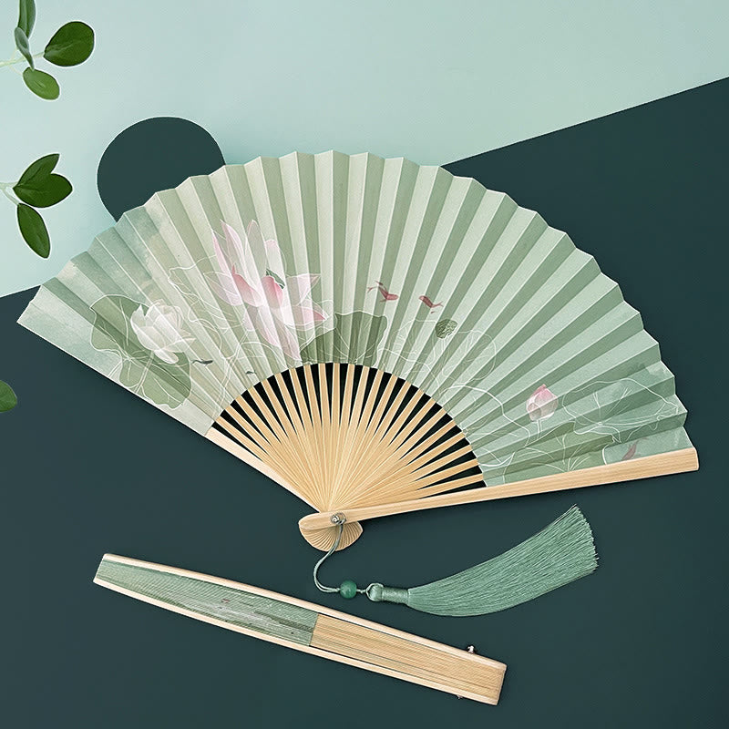 Nimara Ritual Lotus Flowers Leaf Koi Fish Handheld Paper Bamboo Folding Fan