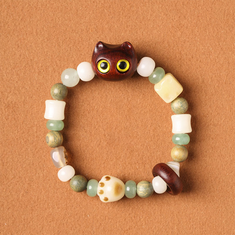 Nimara Ritual Bodhi Seed Green Sandalwood Ebony Wood Small Leaf Red Sandalwood Cat Head Paw Claw Peace Bracelet