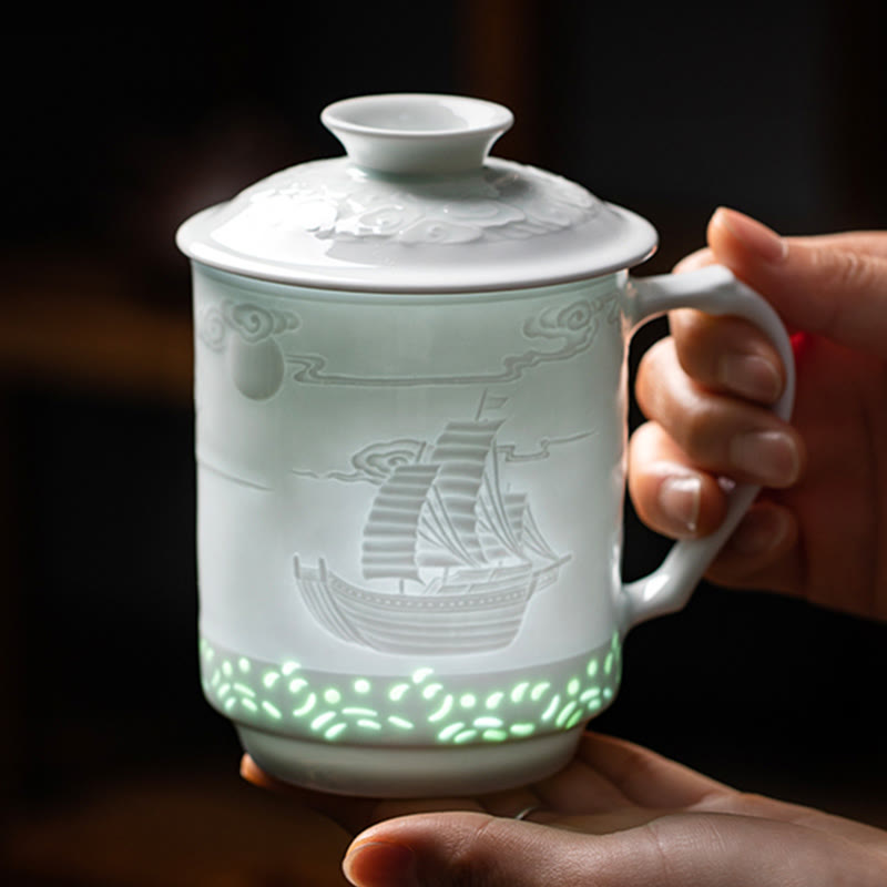 Nimara Ritual Jingdezhen Linglong Porcelain Auspicious Dragon Phoenix Boat Smooth Sailing Ceramic Teacup Office Tea Cups 420ml