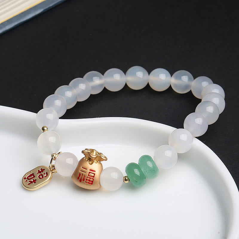 Nimara Ritual Natural White Agate Red Agate Money Bag Fu Character Four Leaf Clover Protection Bracelet