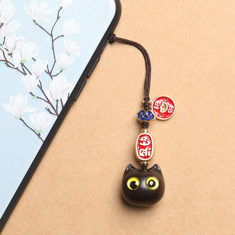 Nimara Ritual Ebony Wood Lucky Cat Auspicious Cloud Peace Key Chain Phone Hanging Decoration