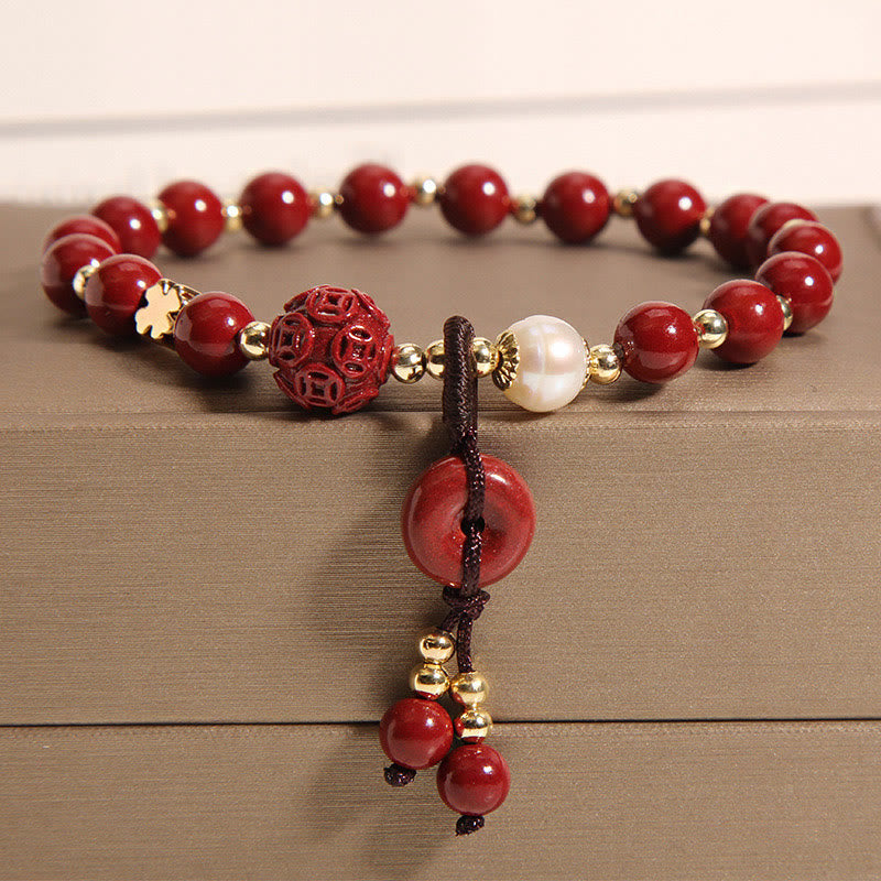 Nimara Ritual Natural Cinnabar Peace Buckle Copper Coin Charm Blessing Bracelet