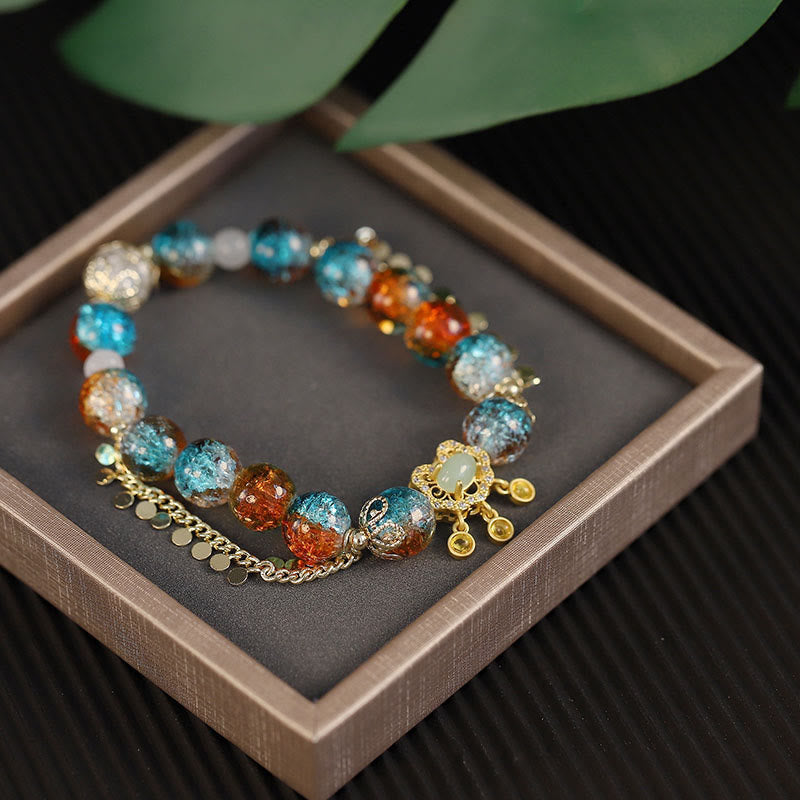 Nimara Ritual Colorful Liuli Glass Bead Chinese Lock Charm Fortune Bracelet