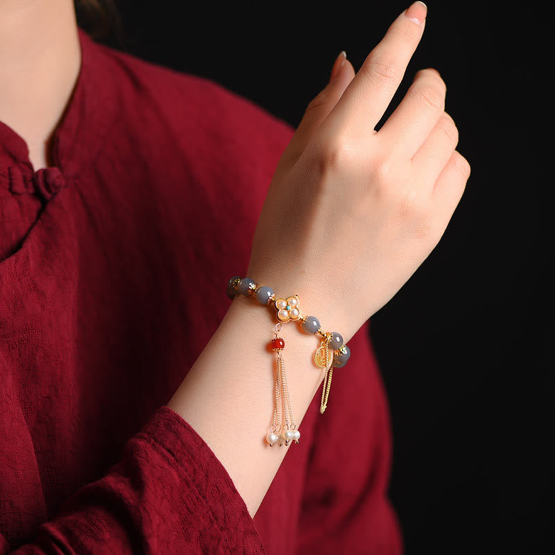 Nimara Ritual Natural Gray Agate Fu Character Pearl Tassel Balance Bracelet