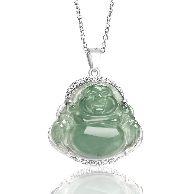 Nimara Ritual Laughing Buddha Natural Jade Luck Prosperity Necklace Titanium Steel Chain Pendant