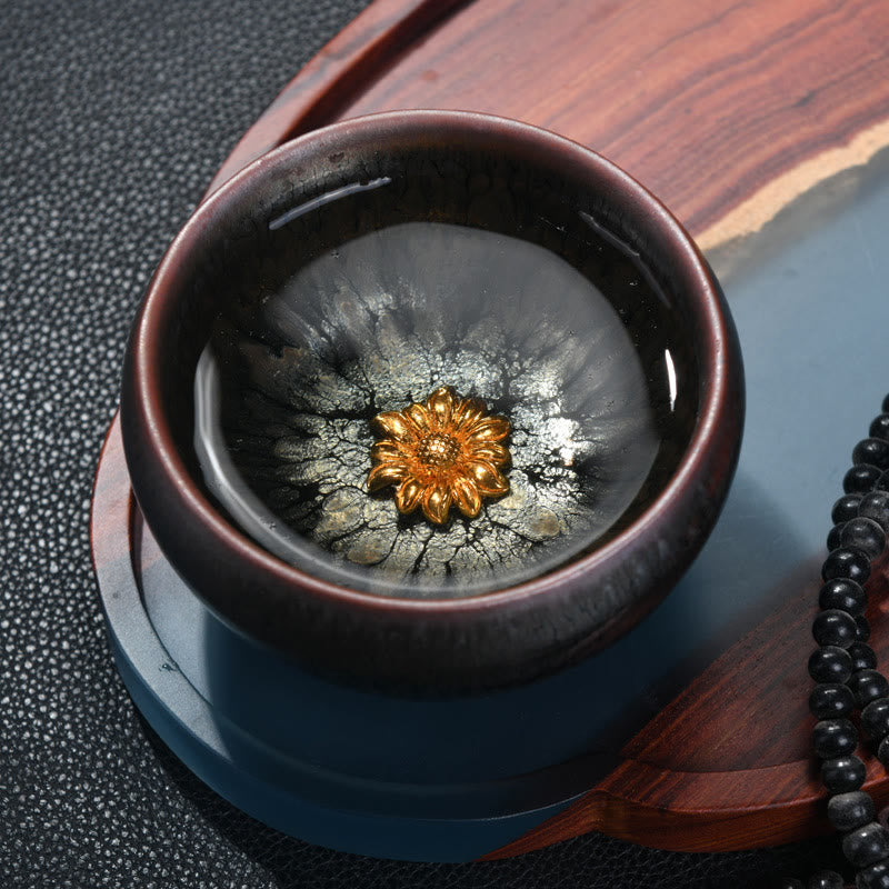 Nimara Ritual 24K Gold Inlaid Sunflower Chinese Jianzhan Glaze Kiln Change Ceramic Teacup Tenmoku Kung Fu Tea Cup