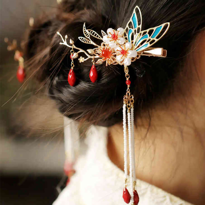 Nimara Ritual Classical Chinese Style Flower Branche Butterfly Pearl Tassel Hair Clip Hair Comb Hair Crown