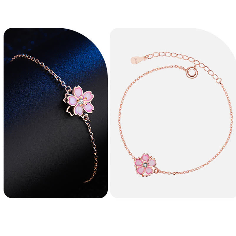 Nimara Ritual 925 Sterling Silver Cherry Blossom Blessing Chain Bracelet Rotatable Ring