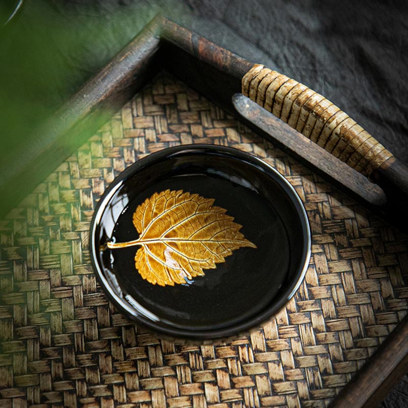 Nimara Ritual Gold Maple Leaf Chinese Jianzhan Ceramic Teacup Tenmoku Kung Fu Tea Cup Bowl