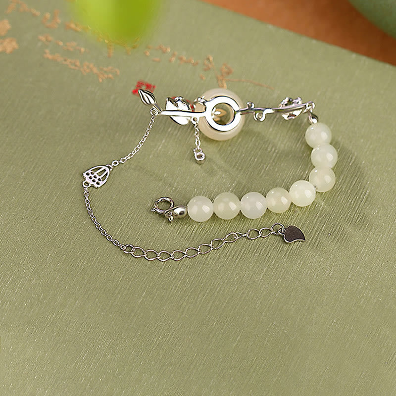 Nimara Ritual 925 Sterling Silver Hetian Jade Peace Buckle Lotus Luck Chain Bracelet