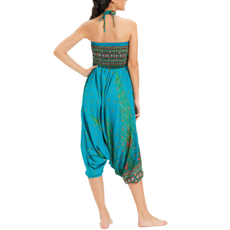 Nimara Ritual Two Style Wear Peacock Feather Loose Smocked Harem Trousers Jumpsuit High Waist Pants