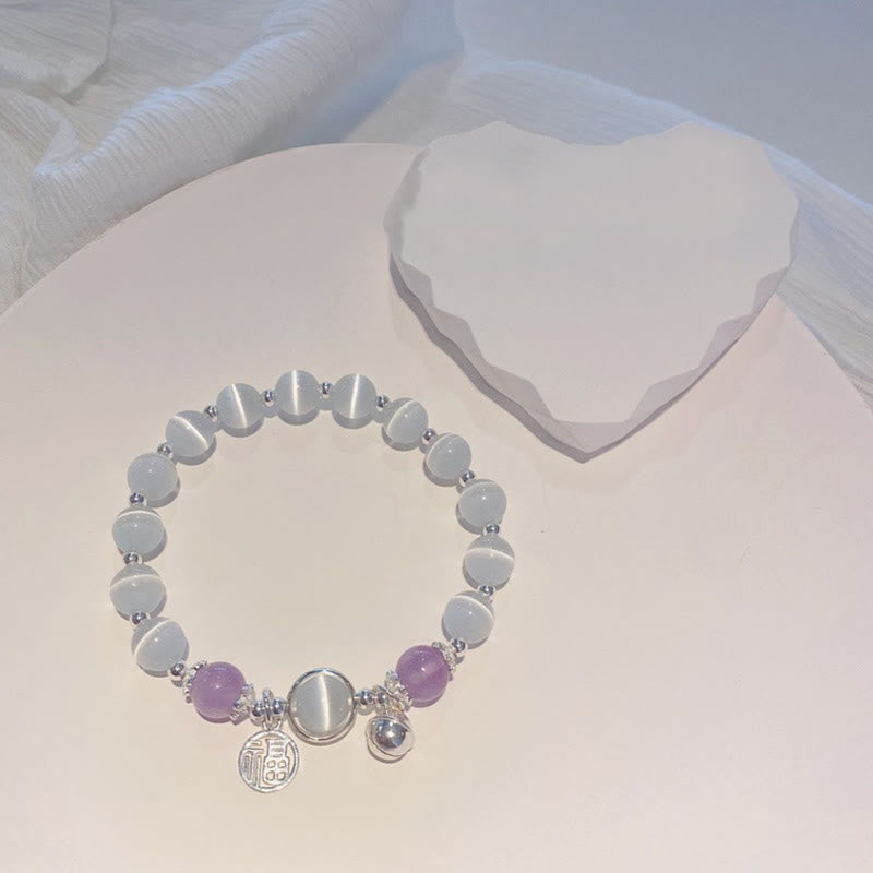 Nimara Ritual Cat's Eye Amethyst Fu Character Bell Charm Support Bracelet