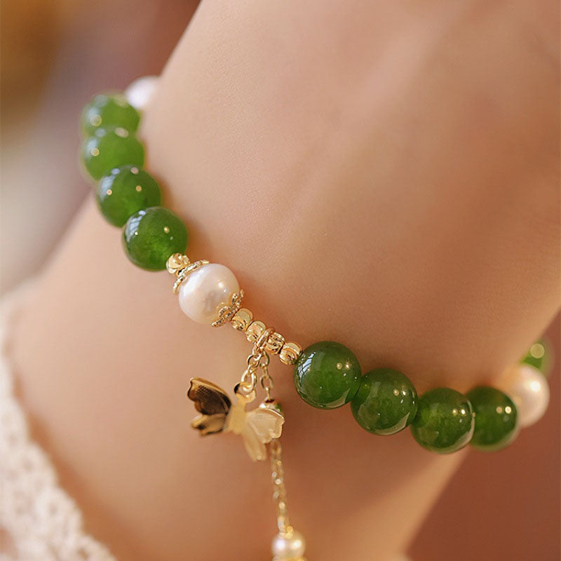 Nimara Ritual Natural Green Chalcedony Pearl Butterfly Courage Strength Bracelet