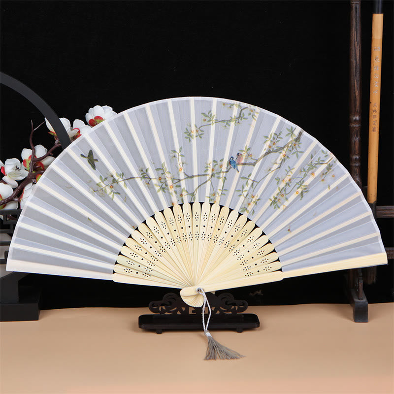 Nimara Ritual Classic Birds Singing Flowers Handheld Bamboo Folding Fan
