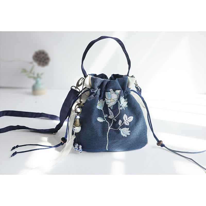 Nimara Ritual Handmade Embroidered Flowers Canvas Tote Shoulder Bag Handbag