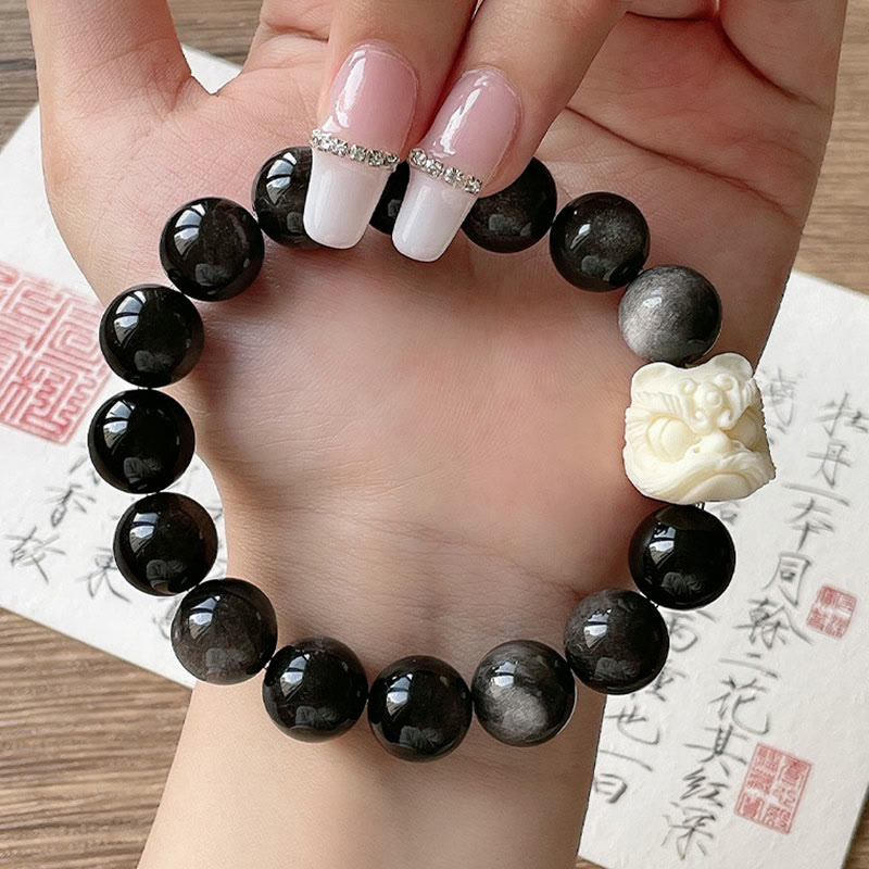 Nimara Ritual Silver Sheen Obsidian Bodhi Seed Ivory Fruit Dancing Lion Protection Bracelet