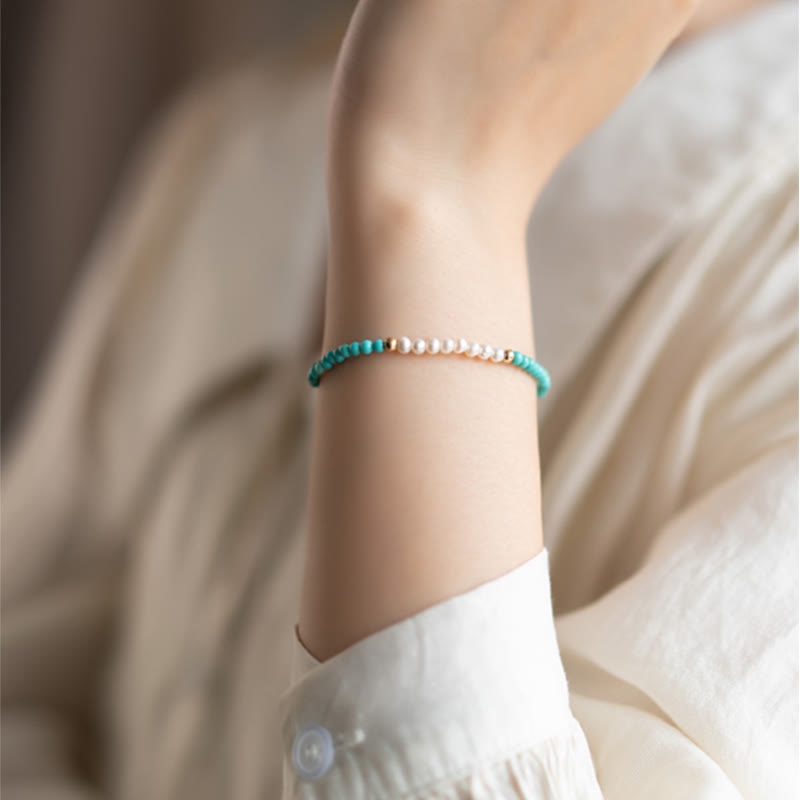 Nimara Ritual 925 Sterling Silver Natural Turquoise Pearl Beaded Bracelet