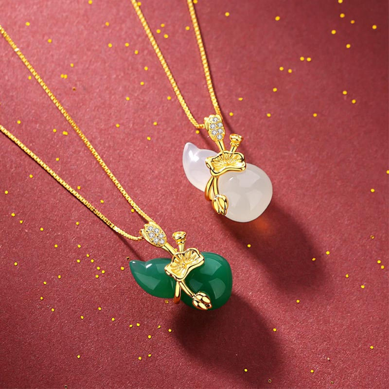 Nimara Ritual Cyan Jade Gourd Lotus Leaf Abundance Pendant Necklace