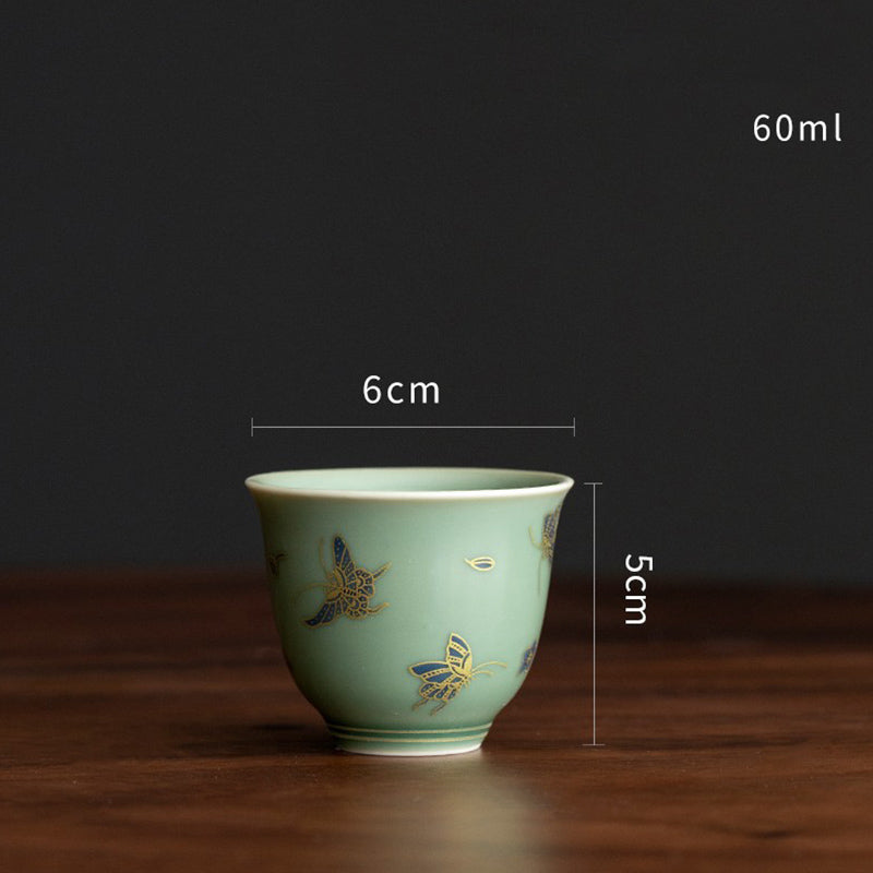 Nimara Ritual Green Porcelain Butterfly Flower Salmon Fish Ceramic Gaiwan Sancai Teacup Kung Fu Tea Cup And Saucer With Lid