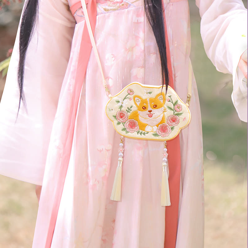 Nimara Ritual Embroidery Lucky Panda Cat Shiba Inu Deer Rabbit Fox Flower Cute Animal Hanfu Bag Crossbody Bag Shoulder Bag