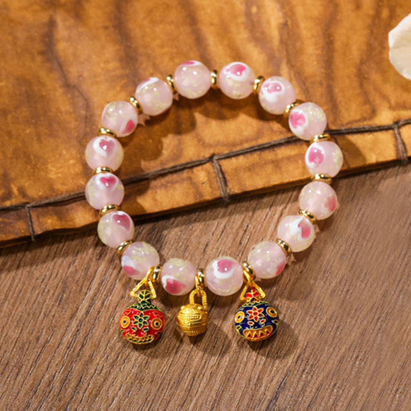 Nimara Ritual Gold Swallowing Beast Family Charm Luminous Pink Love Heart Fluorescent Liuli Glass Bead Blessings Bracelet