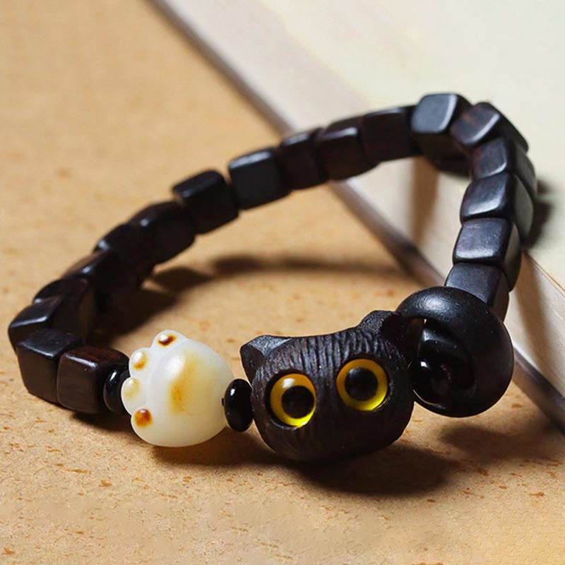 Nimara Ritual Ebony Wood Cute Cat Bodhi Seed Paw Claw Square Beads Calm Bracelet