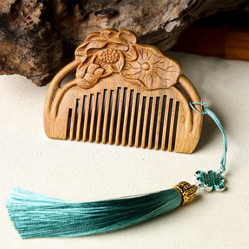 Nimara Ritual Natural Green Sandalwood Lotus Flower Leaf Engraved Soothing Comb