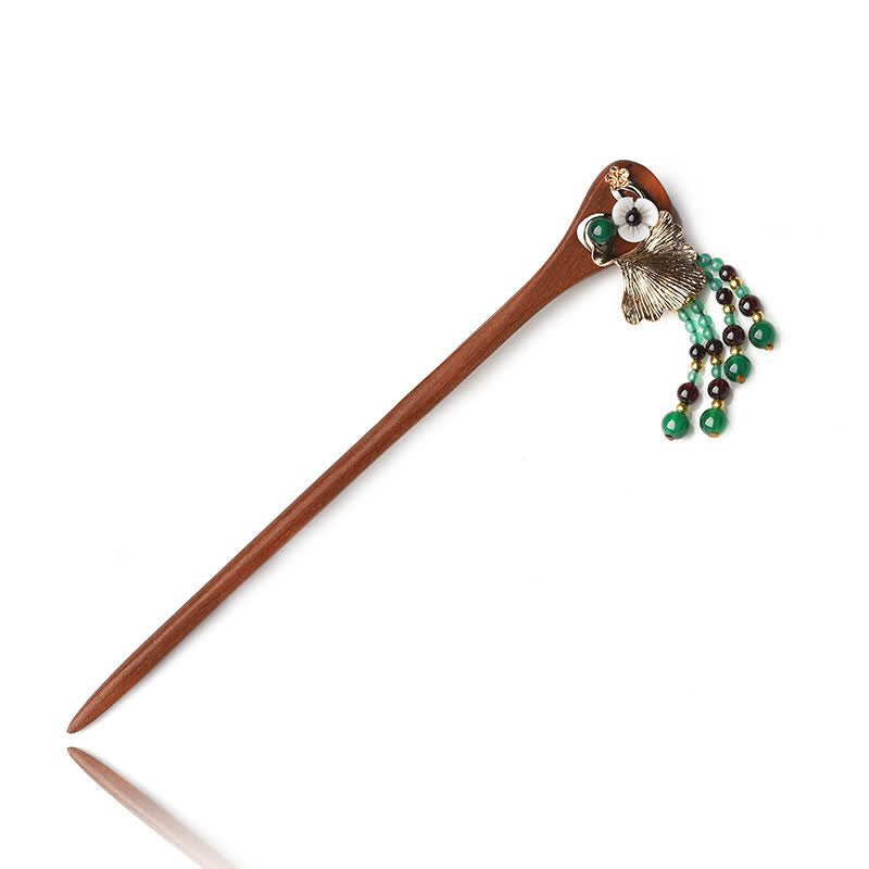 Nimara Ritual Red Sandalwood Green Agate Ginkgo Leaf Protection Hairpin