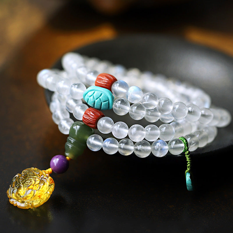 Nimara Ritual 108 Mala Beads Moonstone Amber Lotus Turquoise Crystal Healing Bracelet
