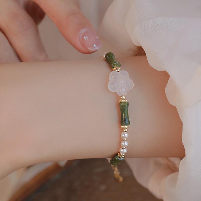 Nimara Ritual Peridot Bamboo Flower Agate Pearl Peace Bracelet