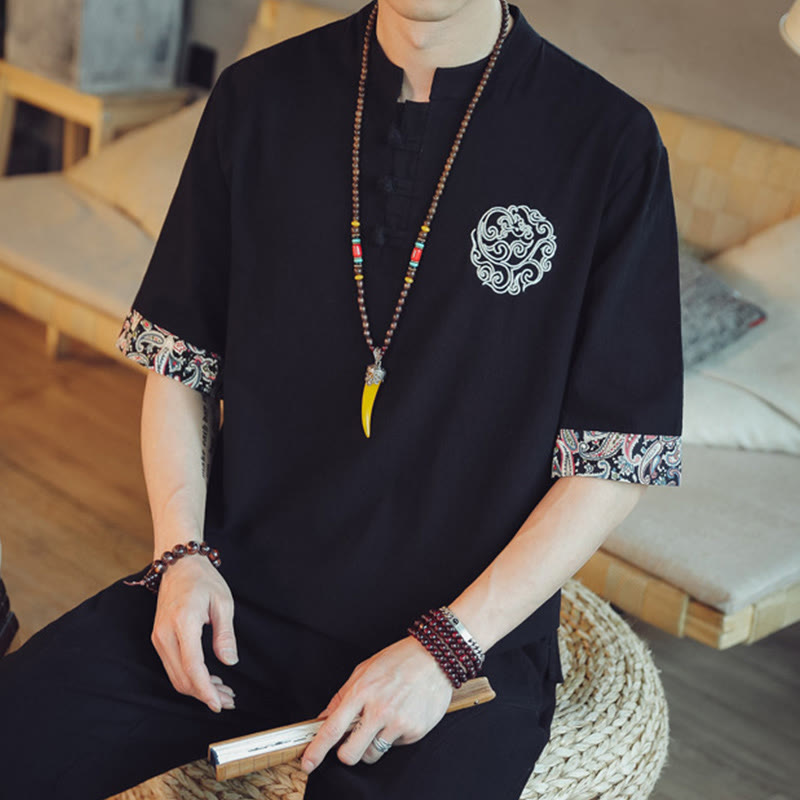 Nimara Ritual Frog-Button Dragon Embroidery Chinese Tang Suit Short Sleeve Shirt Men Clothing