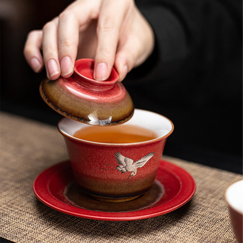 Nimara Ritual Red Auspicious Crane Ceramic Gaiwan Sancai Teacup Kung Fu Tea Cup And Saucer With Lid