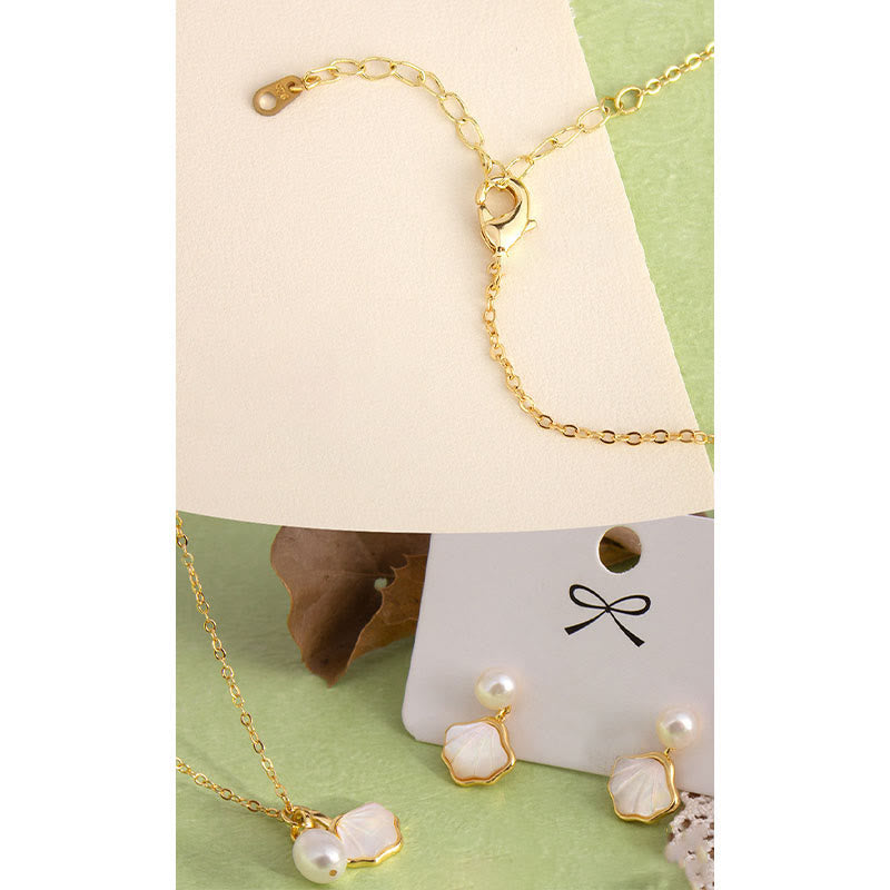 Nimara Ritual Ginkgo Tridacna Stone Pearl Bead Copper Blessing Necklace Pendant Ring Earrings Set