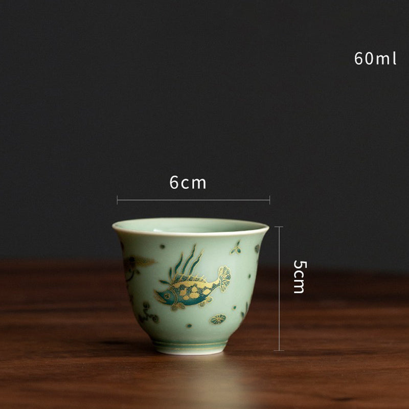 Nimara Ritual Green Porcelain Butterfly Flower Salmon Fish Ceramic Gaiwan Sancai Teacup Kung Fu Tea Cup And Saucer With Lid