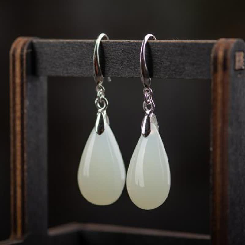 Nimara Ritual Hetian White Jade Water Drop Luck Blessing Dangle Earrings
