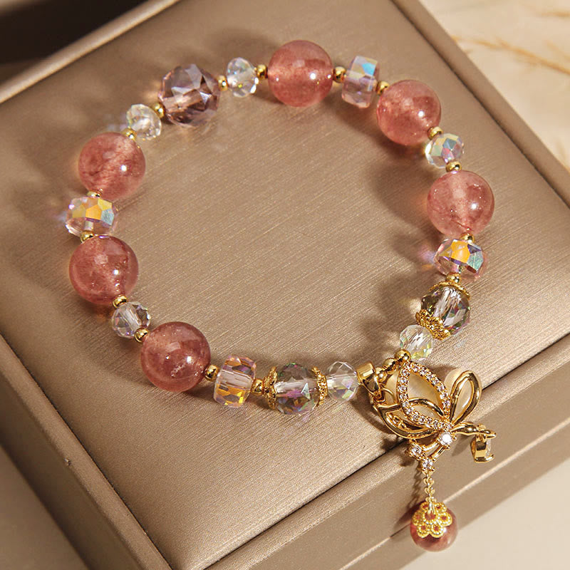Nimara Ritual Natural Strawberry Quartz Healing Positive Butterfly Charm Bracelet