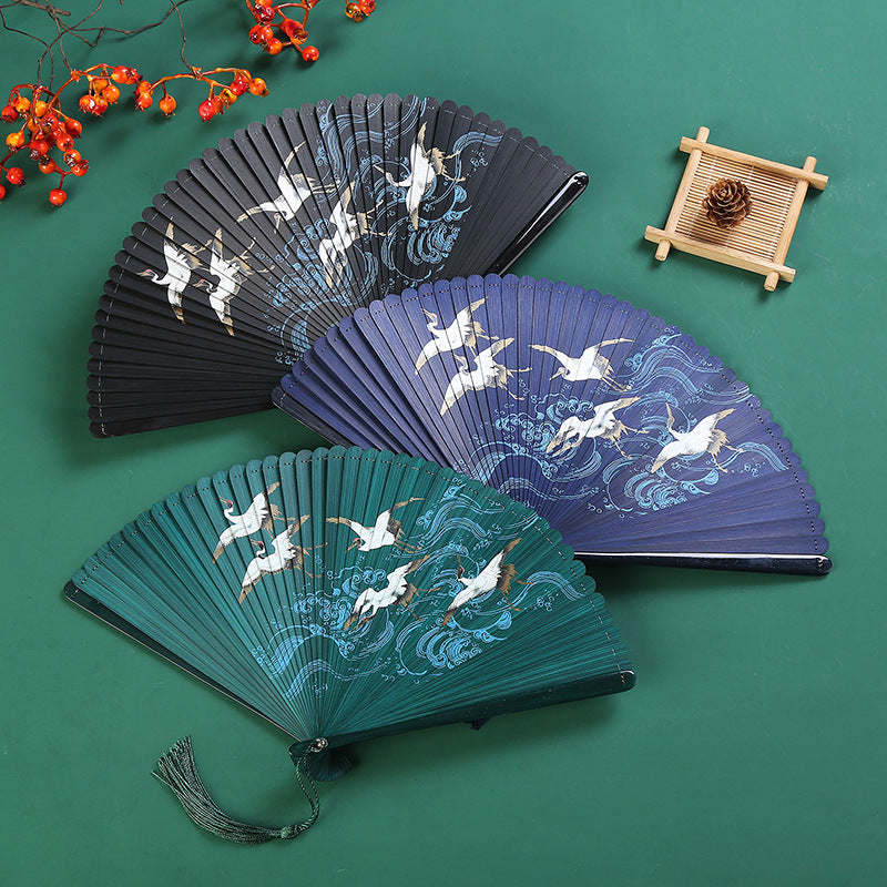 Nimara Ritual Vintage Cloud Crane Maple Leaf Pattern Handheld Bamboo Folding Fan