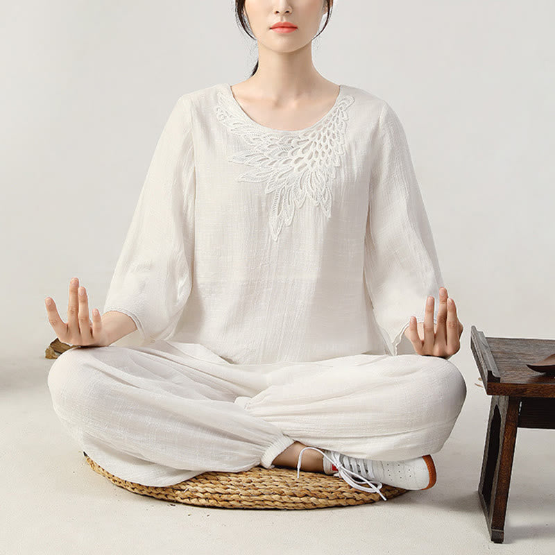 Nimara Ritual 2Pcs Long Sleeve Frog-Button Meditation Prayer Zen Practice Tai Chi Uniform Clothing Women's Set