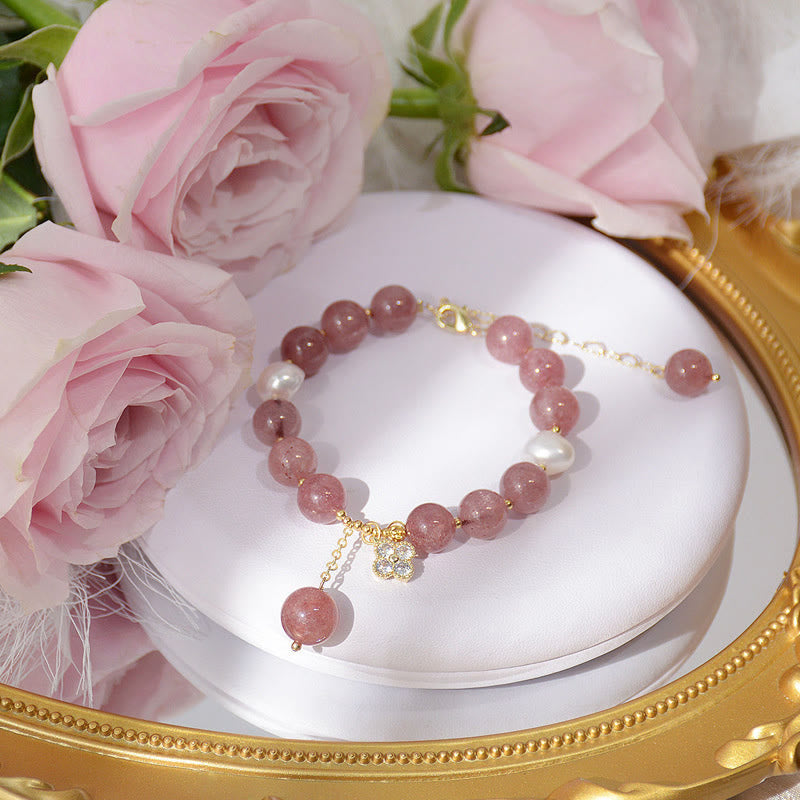 Nimara Ritual Natural Strawberry Quartz Pearl Four Leaf Clover Love Bracelet