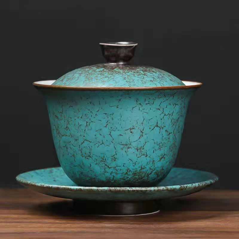 Nimara Ritual Traditional Pine Tree Green Ceramic Gaiwan Sancai Teacup Kung Fu Tea Cup And Saucer With Lid